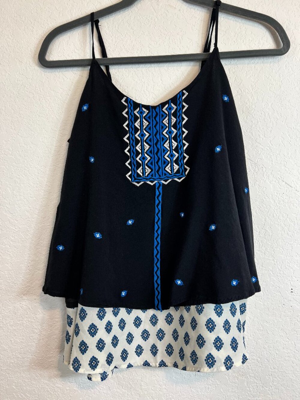 THML Black Blue Embroidered Boho Festival Layered Cami Top‎ Size S